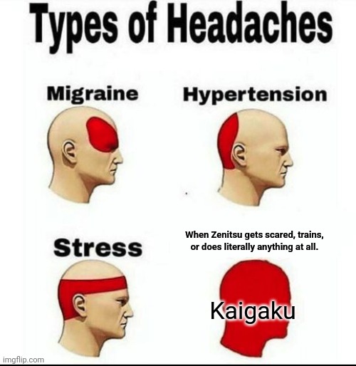 Being worthless like: | When Zenitsu gets scared, trains, or does literally anything at all. Kaigaku | image tagged in types of headaches meme | made w/ Imgflip meme maker