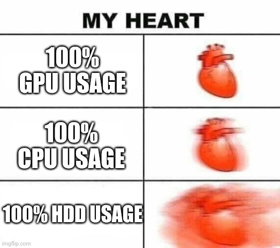 My heart blank | 100% GPU USAGE 100% CPU USAGE 100% HDD USAGE | image tagged in my heart blank | made w/ Imgflip meme maker