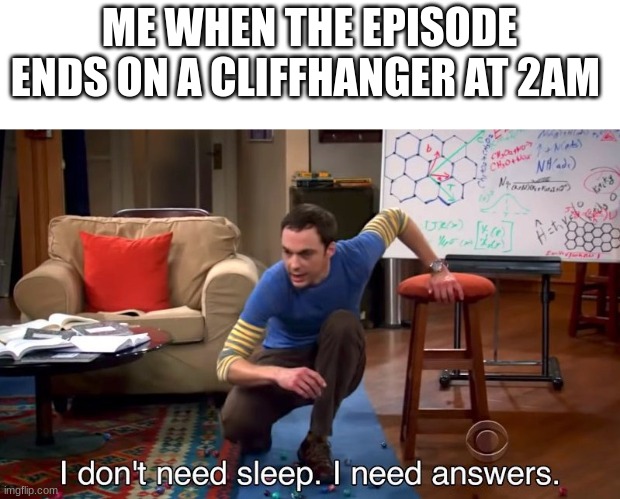 I don't need sleep I need answers | ME WHEN THE EPISODE ENDS ON A CLIFFHANGER AT 2AM | image tagged in i don't need sleep i need answers | made w/ Imgflip meme maker
