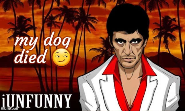 that emoji makes any sentence sus | my dog died 😏 | image tagged in iunfunny's scarface template | made w/ Imgflip meme maker
