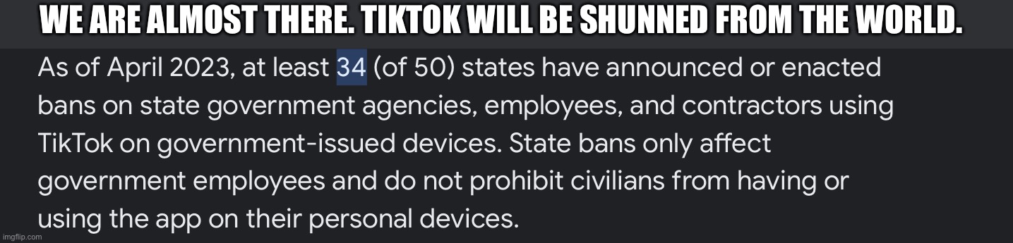 WE ARE ALMOST THERE. TIKTOK WILL BE SHUNNED FROM THE WORLD. | made w/ Imgflip meme maker