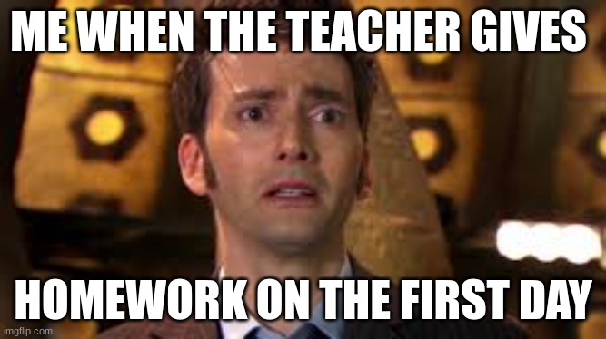 school memes | ME WHEN THE TEACHER GIVES; HOMEWORK ON THE FIRST DAY | image tagged in school | made w/ Imgflip meme maker