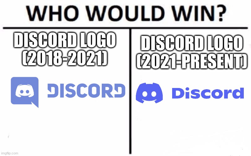 Who Would Win? | DISCORD LOGO (2018-2021); DISCORD LOGO (2021-PRESENT) | image tagged in memes,who would win,discord | made w/ Imgflip meme maker