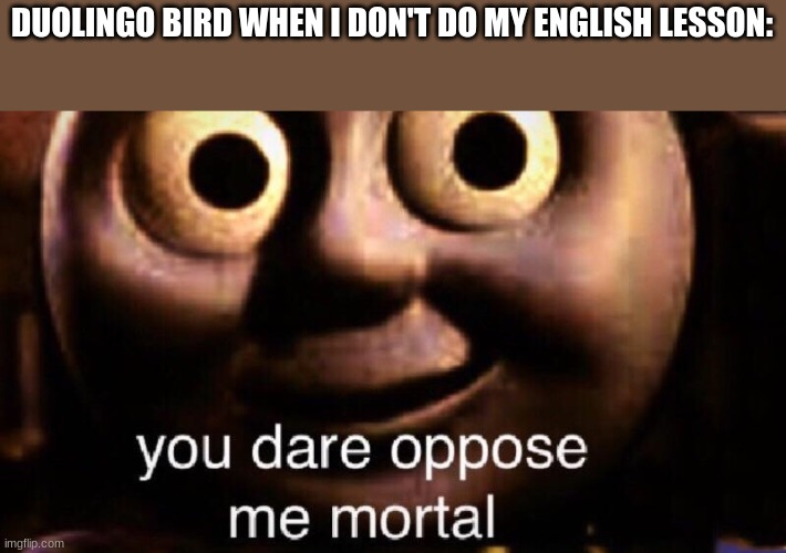 You dare oppose me mortal | DUOLINGO BIRD WHEN I DON'T DO MY ENGLISH LESSON: | image tagged in you dare oppose me mortal,duolingo bird,duolingo,thomas the train | made w/ Imgflip meme maker