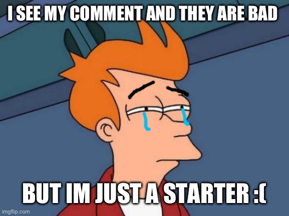 The reason my memes are stupidly bad | I SEE MY COMMENT AND THEY ARE BAD; BUT IM JUST A STARTER :( | image tagged in memes,futurama fry | made w/ Imgflip meme maker