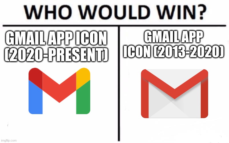 Who Would Win? Meme | GMAIL APP ICON (2013-2020); GMAIL APP ICON (2020-PRESENT) | image tagged in memes,who would win,gmail,google | made w/ Imgflip meme maker