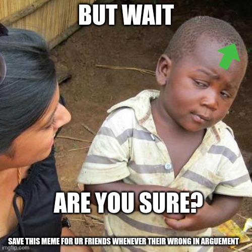 Save For Arguements, upvote and follow my profile for more!! | BUT WAIT; ARE YOU SURE? SAVE THIS MEME FOR UR FRIENDS WHENEVER THEIR WRONG IN ARGUEMENT | image tagged in memes,third world skeptical kid | made w/ Imgflip meme maker