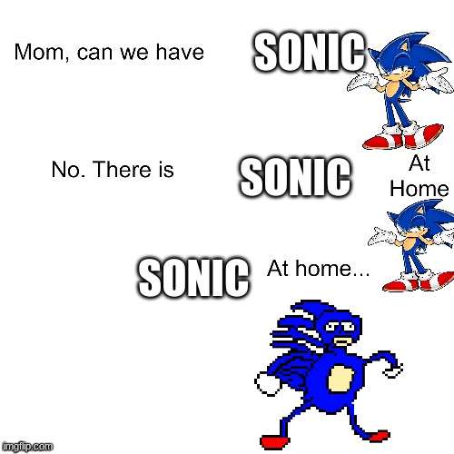 Sonic at home | SONIC; SONIC; SONIC | image tagged in mom can we have | made w/ Imgflip meme maker