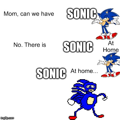 Sonic at home | SONIC; SONIC; SONIC | image tagged in mom can we have | made w/ Imgflip meme maker