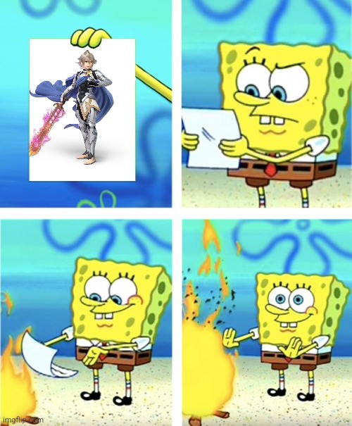 A meme for every... Y'know what, no. Why should I give cringe incarnate here a prefer title when they don't even deserve a meme? | image tagged in spongebob burning paper,super smash bros,memes,corrin | made w/ Imgflip meme maker