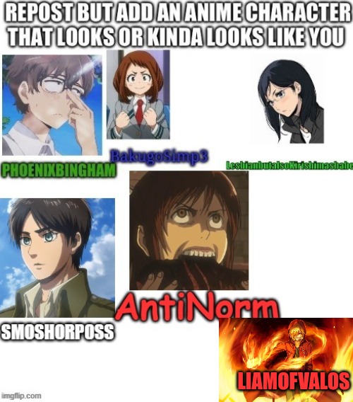 LIAMOFVALOS | image tagged in repost,random anime character | made w/ Imgflip meme maker