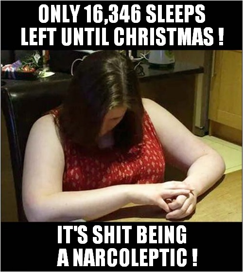 Snooze Time Yet Again ! | ONLY 16,346 SLEEPS LEFT UNTIL CHRISTMAS ! IT'S SHIT BEING 
  A NARCOLEPTIC ! | image tagged in narcoleptic,sleep,christmas,dark humour | made w/ Imgflip meme maker