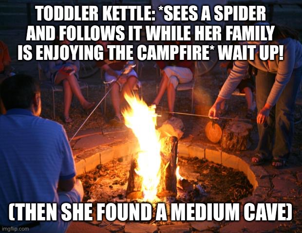 Cobwebs The Spider Child | TODDLER KETTLE: *SEES A SPIDER AND FOLLOWS IT WHILE HER FAMILY IS ENJOYING THE CAMPFIRE* WAIT UP! (THEN SHE FOUND A MEDIUM CAVE) | image tagged in campfire | made w/ Imgflip meme maker
