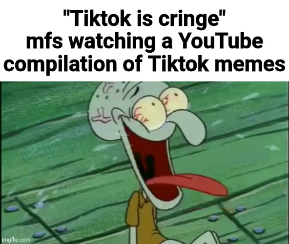 LAUGHING SQUIDWARD | "Tiktok is cringe" mfs watching a YouTube compilation of Tiktok memes | image tagged in laughing squidward | made w/ Imgflip meme maker