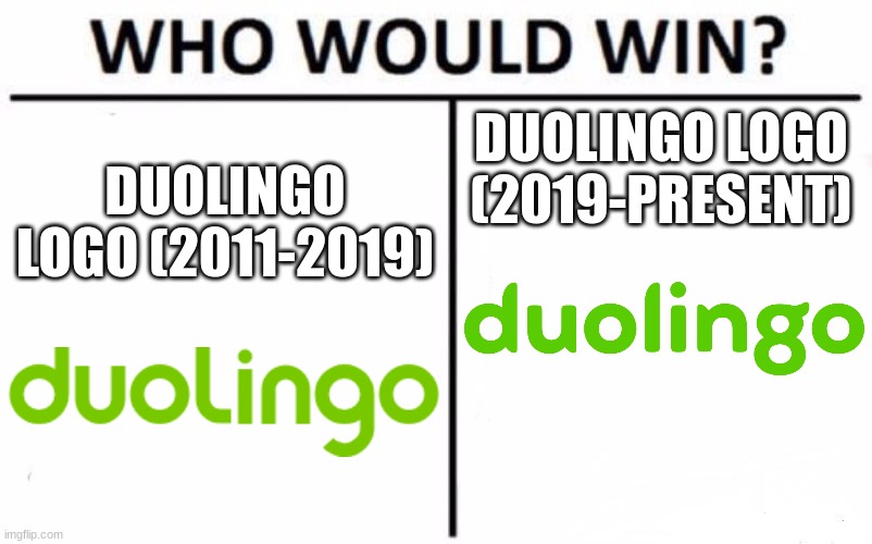 Who Would Win? Meme | DUOLINGO LOGO (2019-PRESENT); DUOLINGO LOGO (2011-2019) | image tagged in memes,who would win,duolingo | made w/ Imgflip meme maker