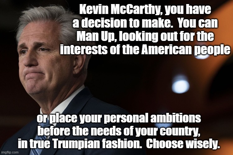 McCarthy's Dilemma | Kevin McCarthy, you have a decision to make.  You can Man Up, looking out for the interests of the American people; or place your personal ambitions before the needs of your country, in true Trumpian fashion.  Choose wisely. | image tagged in maga,gop,donald trump approves,usa,god bless america,republican party | made w/ Imgflip meme maker