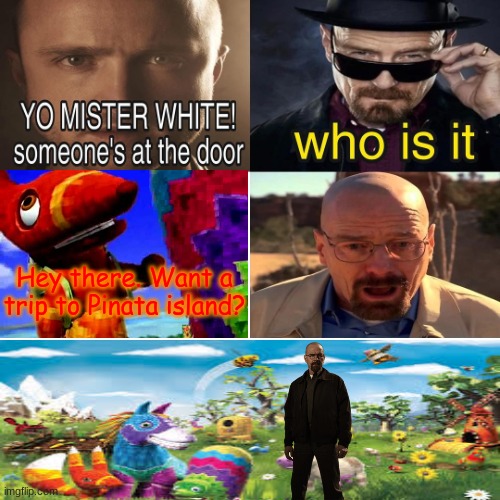 Yo Mister White, someone’s at the door! | Hey there. Want a trip to Pinata island? | image tagged in yo mister white someone s at the door | made w/ Imgflip meme maker