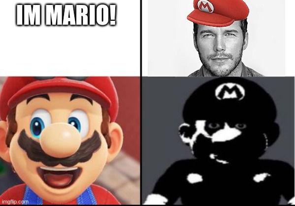attention all mario fans, there is an aposter amogus | IM MARIO! | image tagged in happy mario vs dark mario,chris pratt,fake mario,there is 1 imposter among us | made w/ Imgflip meme maker