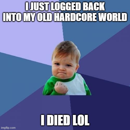 Success Kid Meme | I JUST LOGGED BACK INTO MY OLD HARDCORE WORLD; I DIED LOL | image tagged in memes,success kid | made w/ Imgflip meme maker