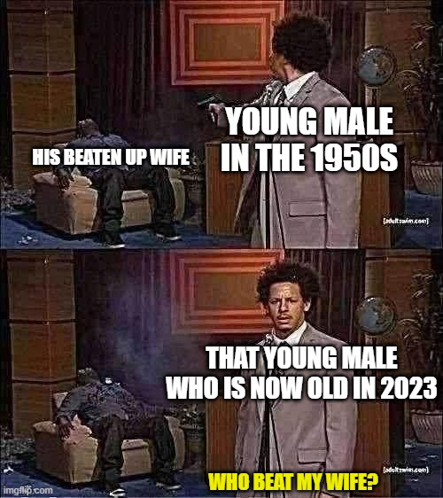 they always switch up | YOUNG MALE IN THE 1950S; HIS BEATEN UP WIFE; THAT YOUNG MALE WHO IS NOW OLD IN 2023; WHO BEAT MY WIFE? | image tagged in memes,who killed hannibal | made w/ Imgflip meme maker