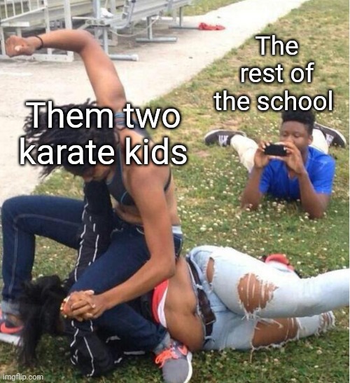 Guy recording a fight | The rest of the school; Them two karate kids | image tagged in guy recording a fight | made w/ Imgflip meme maker