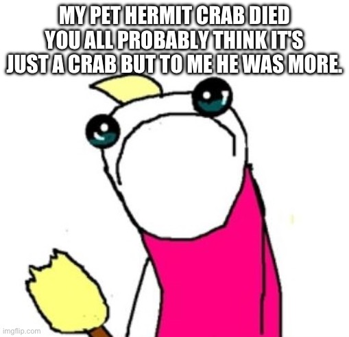 Sad | MY PET HERMIT CRAB DIED
YOU ALL PROBABLY THINK IT'S
JUST A CRAB BUT TO ME HE WAS MORE. | image tagged in sad clean all the things - hyperbole and a half | made w/ Imgflip meme maker