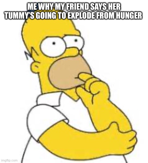 Homer Simpson Hmmmm | ME WHY MY FRIEND SAYS HER TUMMY’S GOING TO EXPLODE FROM HUNGER | image tagged in homer simpson hmmmm | made w/ Imgflip meme maker