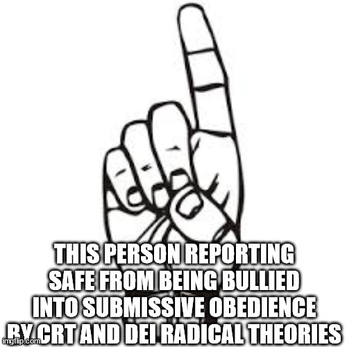 reporting safe | THIS PERSON REPORTING SAFE FROM BEING BULLIED INTO SUBMISSIVE OBEDIENCE BY CRT AND DEI RADICAL THEORIES | image tagged in finger pointing up | made w/ Imgflip meme maker