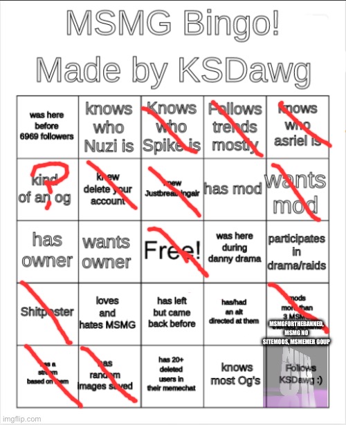 i consider anything pre-saucekuum “og” | MSMGFORTHEBANNED, MSMG NO SITEMODS, MSMEMER GOUP | image tagged in msmg bingo | made w/ Imgflip meme maker