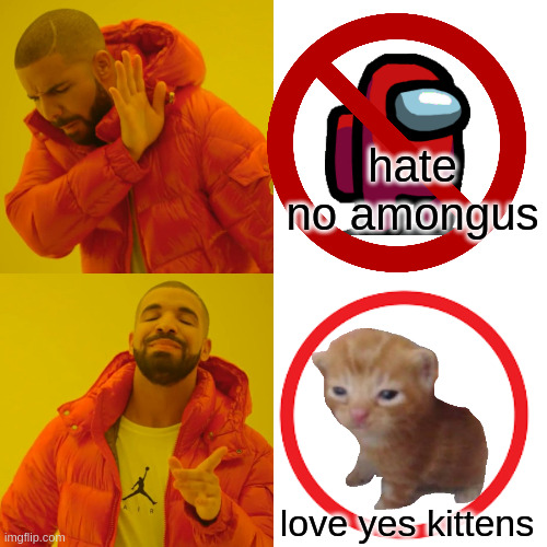 Drake Hotline Bling | hate no amongus; love yes kittens | image tagged in memes,drake hotline bling | made w/ Imgflip meme maker