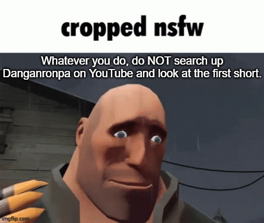 Cropped nsfw | Whatever you do, do NOT search up Danganronpa on YouTube and look at the first short. | image tagged in cropped nsfw | made w/ Imgflip meme maker