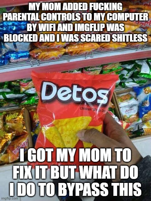 detos | MY MOM ADDED FUCKING PARENTAL CONTROLS TO MY COMPUTER BY WIFI AND IMGFLIP WAS BLOCKED AND I WAS SCARED SHITLESS; I GOT MY MOM TO FIX IT BUT WHAT DO I DO TO BYPASS THIS | image tagged in detos | made w/ Imgflip meme maker