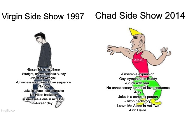 Virgin vs Chad | Chad Side Show 2014; Virgin Side Show 1997; -Ensemble is just there
-Straight, unsympathetic Buddy
-No stuck with you
-Unnecessary tunnel of love sequence
-No Ray
-Jake is a one note character
-No Hilton backstory
-Leave me Alone in Act One
-Alice Ripley; -Ensemble expansion
-Gay, sympathetic Buddy
-Stuck with you 
-No unnecessary tunnel of love sequence
-Ray
-Jake is a complex person
-Hilton backstory
-Leave Me Alone in Act Two
-Erin Davie | image tagged in virgin vs chad | made w/ Imgflip meme maker