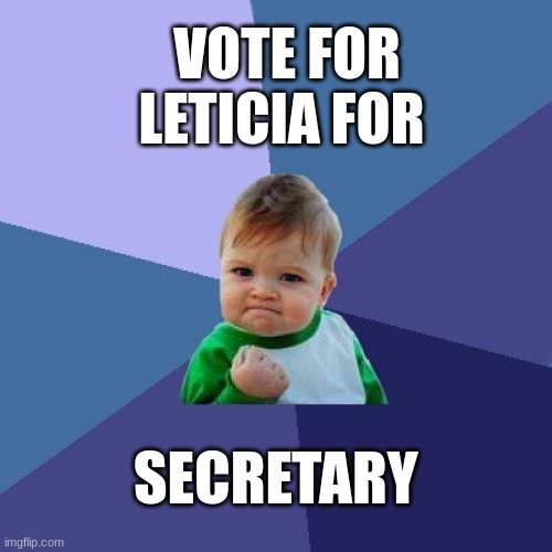 Success Kid Meme | VOTE FOR LETICIA FOR; SECRETARY | image tagged in memes,success kid | made w/ Imgflip meme maker