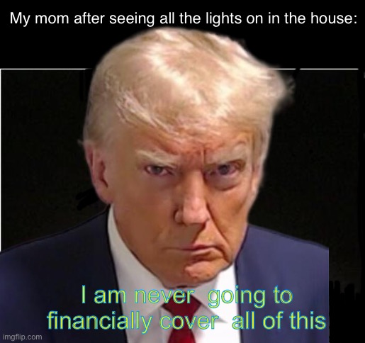 Mom’s never gonna have the money (she does) | My mom after seeing all the lights on in the house:; I am never  going to financially cover  all of this | image tagged in memes,donald trump | made w/ Imgflip meme maker