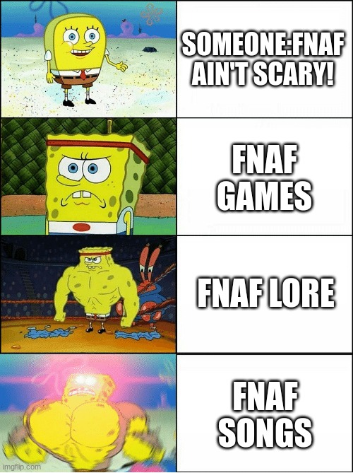 It's true,the song's hit hard! | SOMEONE:FNAF AIN'T SCARY! FNAF GAMES; FNAF LORE; FNAF SONGS | image tagged in sponge finna commit muder | made w/ Imgflip meme maker