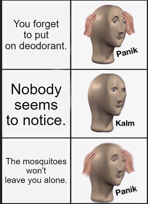 Panik Kalm Panik | You forget to put on deodorant. Nobody seems to notice. The mosquitoes won't leave you alone. | image tagged in memes,panik kalm panik | made w/ Imgflip meme maker