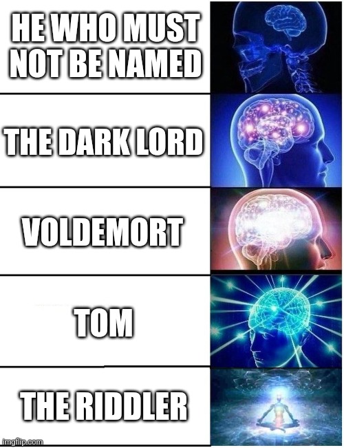 Expanding Brain 5 Panel | HE WHO MUST NOT BE NAMED THE DARK LORD VOLDEMORT TOM THE RIDDLER | image tagged in expanding brain 5 panel | made w/ Imgflip meme maker