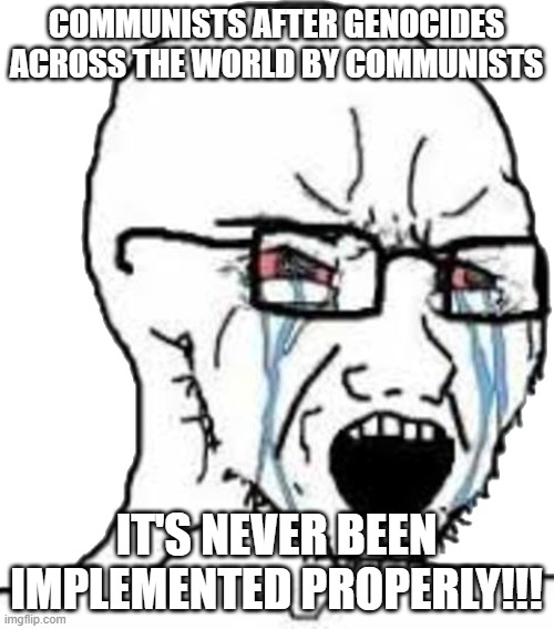 Wojak Crying | COMMUNISTS AFTER GENOCIDES ACROSS THE WORLD BY COMMUNISTS IT'S NEVER BEEN IMPLEMENTED PROPERLY!!! | image tagged in wojak crying | made w/ Imgflip meme maker