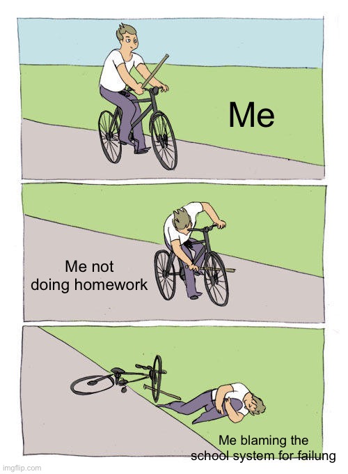 Bike Fall | Me; Me not doing homework; Me blaming the school system for failing | image tagged in memes,bike fall | made w/ Imgflip meme maker