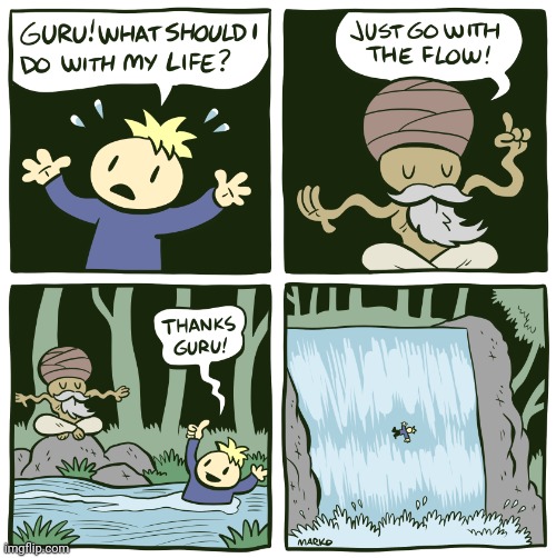 Going with the flow goes awry | image tagged in flow,waterfall,water,guru,comics,comics/cartoons | made w/ Imgflip meme maker