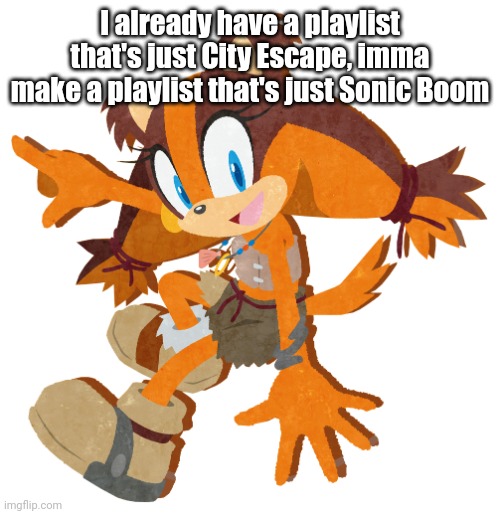 From the US version of Sonic CD | I already have a playlist that's just City Escape, imma make a playlist that's just Sonic Boom | image tagged in sticks the badger | made w/ Imgflip meme maker