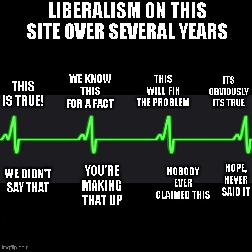 The gaslight burns brighter and hotter than a thousand suns on imgflip | LIBERALISM ON THIS SITE OVER SEVERAL YEARS; THIS WILL FIX THE PROBLEM; ITS OBVIOUSLY ITS TRUE; WE KNOW THIS FOR A FACT; THIS IS TRUE! NOPE, NEVER SAID IT; NOBODY EVER CLAIMED THIS; YOU'RE MAKING THAT UP; WE DIDN'T SAY THAT | image tagged in heart beat meme | made w/ Imgflip meme maker