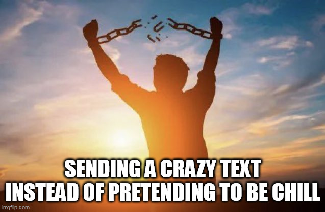 sending a crazy text instead of pretending to be chill | SENDING A CRAZY TEXT INSTEAD OF PRETENDING TO BE CHILL | image tagged in break out,funny,text,chill,freedom | made w/ Imgflip meme maker