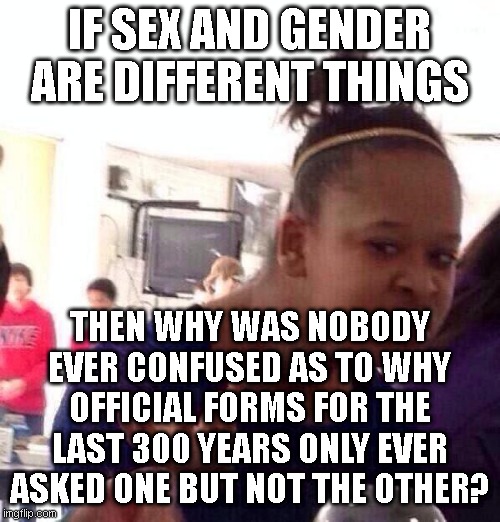Black Girl Wat Meme | IF SEX AND GENDER ARE DIFFERENT THINGS THEN WHY WAS NOBODY EVER CONFUSED AS TO WHY OFFICIAL FORMS FOR THE LAST 300 YEARS ONLY EVER ASKED ONE | image tagged in memes,black girl wat | made w/ Imgflip meme maker