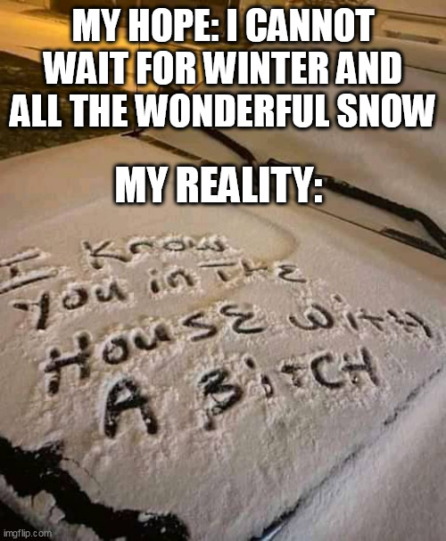 My hope: I cannot wait for winter and all the wonderful snow | MY HOPE: I CANNOT WAIT FOR WINTER AND ALL THE WONDERFUL SNOW; MY REALITY: | image tagged in car,funny,winter,crazy girlfriend,bitch,snow | made w/ Imgflip meme maker