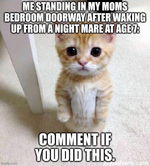 m-mommy..? | ME STANDING IN MY MOMS BEDROOM DOORWAY AFTER WAKING UP FROM A NIGHT MARE AT AGE 7:; COMMENT IF YOU DID THIS. | image tagged in memes,cute cat | made w/ Imgflip meme maker