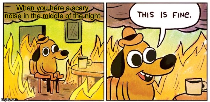 This Is Fine | When you here a scary noise in the middle of the night | image tagged in memes,this is fine | made w/ Imgflip meme maker