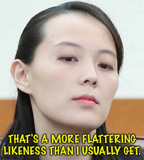 Kim Yo Jong | THAT'S A MORE FLATTERING LIKENESS THAN I USUALLY GET. | image tagged in kim yo jong | made w/ Imgflip meme maker