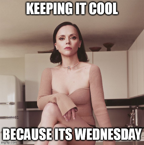 Keeping it cool because its wednesday | KEEPING IT COOL; BECAUSE ITS WEDNESDAY | image tagged in christina ricci,funny,wednesday addams,wednesday,cool | made w/ Imgflip meme maker